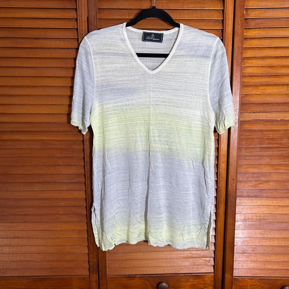 Les Copains Ombre Knit Top Womens Grey Yellow V-Neck Short‎ Sleeve Side Slit